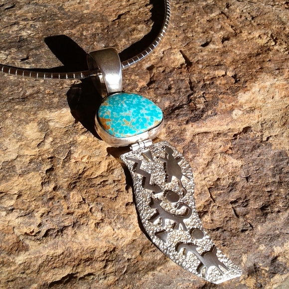 Sterling Silver Turquoise Signed Native Petrtoglyph Necklace